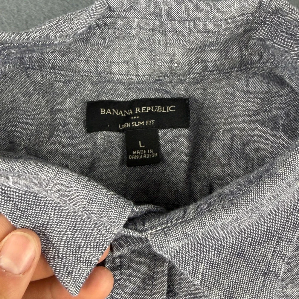 Banana Republic Shirt Men's L Blue Linen Blend Slim Fit Lightweight Beach Summer